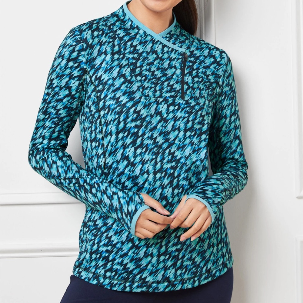 EUC T by Talbots Colorful Geo Camo Asymmetrical Zip Pullover Size XS